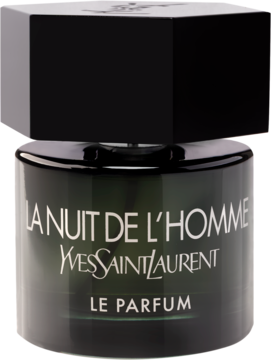 La Nuit de L'Homme Le Parfum YSL, ciemnozielona butelka z czarnym heksagonalnym korkiem, jasny napis, z przodu.