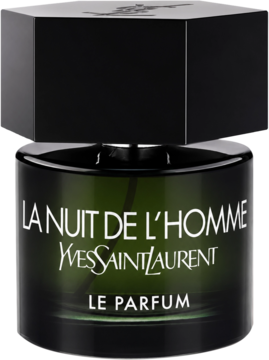 Męskie perfumy Yves Saint Laurent La Nuit De L'Homme Le Parfum w ciemnej butelce z czarną nakrętką, widok z przodu.