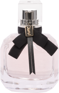 Perfumy YSL Mon Paris, szklana butelka z różowym płynem, srebrny korek, czarna kokarda ze złotym logo YSL.