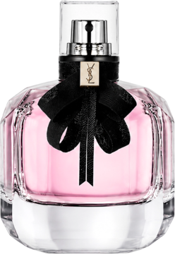 Yves Saint Laurent Mon Paris woda perfumowana, różowa butelka, czarna kokarda i złote logo YSL, widok z przodu.