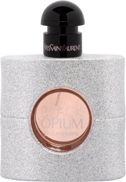 Perfumy YSL Black Opium, srebrno-brokatowa butelka z czarnym korkiem i miedzianą etykietą, widok z przodu.