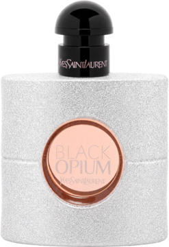Damska woda perfumowana YSL Black Opium Glitter, biała brokatowa butelka z czarną nakrętką i złotą etykietą, widok z przodu.