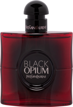 YSL Black Opium perfumy damskie, ciemnoczerwony szklany flakon z czarną etykietą i korkiem, widok z przodu.