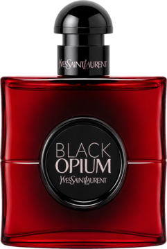 Woda perfumowana Black Opium Over Red YSL w czerwonej butelce z czarnym korkiem, o zapachu kawy i wiśni.