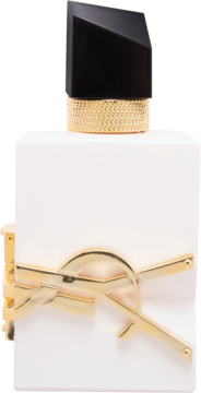 Biała butelka perfum YSL Libre ze złotym logo i czarnym, skośnym korkiem, widok z przodu.