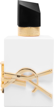 Perfumy damskie YSL Libre L'eau Nue, biała butelka, złote logo YSL, czarny kanciasty korek, widok z przodu.