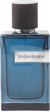 YSL męska woda perfumowana, elegancka niebieska butelka z czarną ryflowaną nakrętką, widok z przodu.