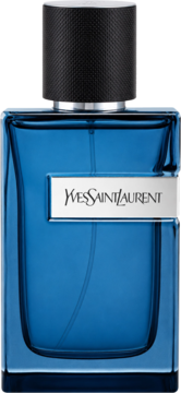 Męska woda perfumowana YSL Y Intense, niebieska butelka z teksturowaną czarną nakrętką i srebrnym logo, widok z przodu.