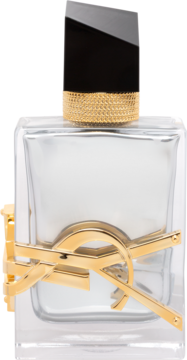 Perfumy YSL Libre w prostokątnej szklanej butelce, ze złotym logo i czarno-srebrną nakrętką, widok z przodu.