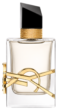 Perfumy YSL Libre L'Absolu Platine. Szklana butelka, złote logo YSL, czarna zakrętka, złoty pierścień. Widok z przodu.
