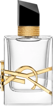 YSL Libre L'Absolu Platine, damskie perfumy w przezroczystej butelce ze złotym logo i czarnym, kanciastym korkiem.