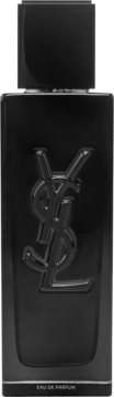 Yves Saint Laurent Myslf Eau de Parfum, czarna matowa butelka z wypukłym, błyszczącym logo YSL, widok z przodu.