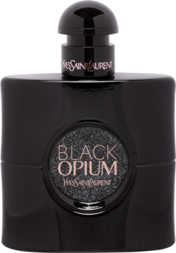Czarny flakon perfum Black Opium Yves Saint Laurent, z brokatową etykietą i różowym logo, widok frontalny.