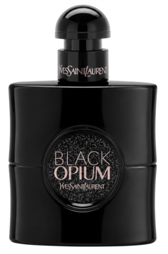 Perfumy damskie YSL Black Opium, czarna butelka z brokatową teksturą i różowym napisem, widok z przodu.