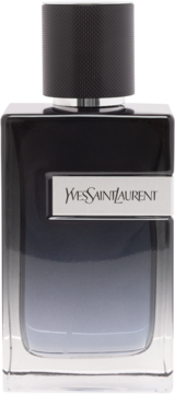 Yves Saint Laurent Y perfumy w prostokątnej butelce, gradient od czerni do błękitu, z srebrną etykietą, widok z przodu.