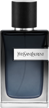 Woda perfumowana męska YSL Y. Granatowa butelka z czarną, teksturowaną nakrętką i srebrną etykietą z logo, widok z przodu.
