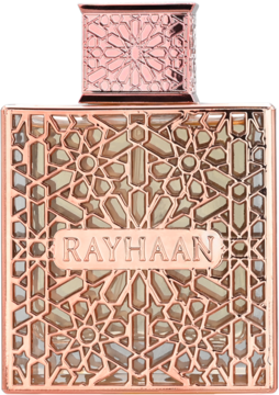 Perfumy Rayhaan w różowo-złotym flakonie z ażurowym, geometrycznym wzorem, widok centralny.