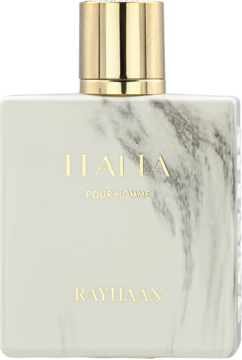 Perfumy męskie Rayhaan Italia Pour Homme w prostokątnej, białej marmurkowej butelce ze złotym korkiem, widok z przodu.