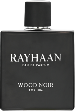 Czarna matowa butelka perfum Rayhaan Wood Noir Eau de Parfum dla mężczyzn, z białymi napisami, widok frontalny.