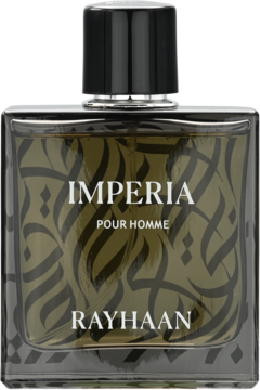 Eleganckie męskie perfumy Rayhaan Imperia Pour Homme w ciemnej butelce z orientalnym wzorem. Widok z przodu.