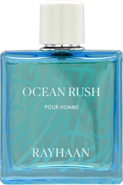 Perfumy Ocean Rush Pour Homme Rayhaan, niebieska prostokątna butelka z białym korkiem, widok z przodu.
