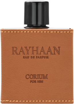 Męska woda perfumowana Rayhaan Corium EDP w prostokątnej, brązowej butelce z fakturą skóry, widok z przodu.