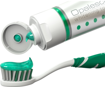 Opalescence Whitening Toothpaste Cool Mint, zielona pasta wybielająca wyciskana z białej tubki na zieloną szczoteczkę.