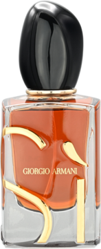 Perfumy Giorgio Armani, bursztynowy płyn w szklanej butelce, czarna opływowa nakrętka, złote abstrakcyjne zdobienia z przodu.