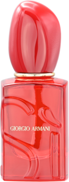 Czerwony flakon perfum Giorgio Armani, z złotym pierścieniem i wytłoczonym, organicznym wzorem, na białym tle.