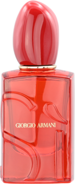 Giorgio Armani czerwona butelka perfum z unikalnym reliefem i błyszczącą nakrętką, widok z przodu.