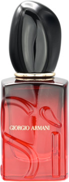 Czerwona butelka perfum Giorgio Armani z nieregularną czarną nakrętką i artystycznymi wytłoczeniami na szkle.