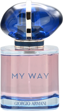 Perfumy My Way Giorgio Armani w różowo-niebieskiej butelce ze zdobioną zakrętką, widok z przodu.