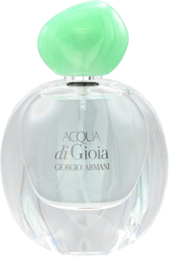 Perfumy Giorgio Armani Acqua di Gioia w przezroczystej butelce z miętową zakrętką, widok z przodu.