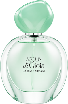 Giorgio Armani Acqua Di Gioia, damska woda perfumowana. Przezroczysta butelka w kształcie otoczaka, zielony korek.