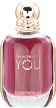 Frontalne ujęcie flakonu perfum damskich Emporio Armani Power of You z różowo-czerwonym płynem i złotą zakrętką.