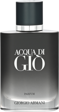 Acqua di Giò Parfum Giorgio Armani w eleganckiej butelce z gradientem od przezroczystego do ciemnego, widok z przodu.