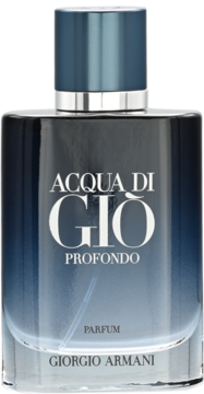 Acqua di Giò Profondo Giorgio Armani, ciemnoniebieski flakon perfum z srebrną zakrętką, widok z przodu.