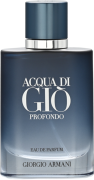 Acqua di Gio Profondo, męska woda perfumowana Giorgio Armani, ciemnoniebieska butelka z srebrnym korkiem, widok z przodu.