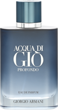 Elegancki flakon perfum Giorgio Armani Acqua di Gio Profondo, ciemnoniebieski z gradientem, widok z przodu.