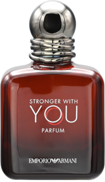 Emporio Armani Stronger With You Parfum, butelka kwadratowa, szklana, w brązowo-czerwonym kolorze, z metalowym żebrowanym korkiem.