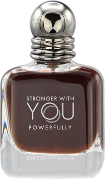 Flakon perfum Emporio Armani Stronger With You Powerfully, bursztynowy płyn, srebrna zakrętka, widok z przodu.