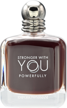 Emporio Armani Stronger With You Powerfully, flakon perfum męskich z ciemnym płynem i srebrną nakrętką, widok z przodu.