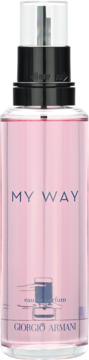 Perfumy Giorgio Armani My Way eau de parfum, różowy płyn w prostej szklanej butelce z czarnym atomizerem, przodem.