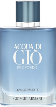 Acqua di Giò Profondo Giorgio Armani, męska woda toaletowa, butelka w kolorze głębokiego błękitu, widok z przodu.