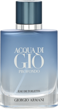 Acqua di Gio Profondo Giorgio Armani, męska woda toaletowa w szklanej butelce przechodzącej w błękit, widok z przodu.