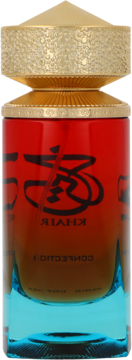 Paris Corner Khair Confection EDP, czerwono-niebieska butelka z fakturą złotą zakrętką i czarnym napisem, widok z przodu.