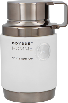 Armaf Odyssey Homme White Edition, biała butelka perfum z metaliczną nakrętką i uchwytem, widok z przodu.