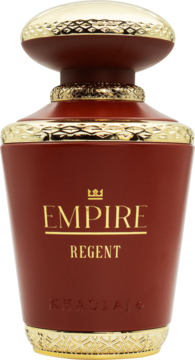 Khadlaj Empire Regent, ciemnoczerwony flakon perfum ze złotym, zdobionym korkiem i podstawą, widok z przodu.