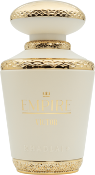Kremowa butelka perfum Empire Victor Khadlaj z eleganckimi złotymi zdobieniami i koroną, widok z przodu.