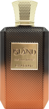 Perfumy Island Vanilla Dunes Khadlaj w ciemnej butelce przechodzącej w bursztyn, ze złotym reliefem i etykietą.